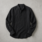 Men's Linen-Look Mandarin Collar Long Sleeve Shirt