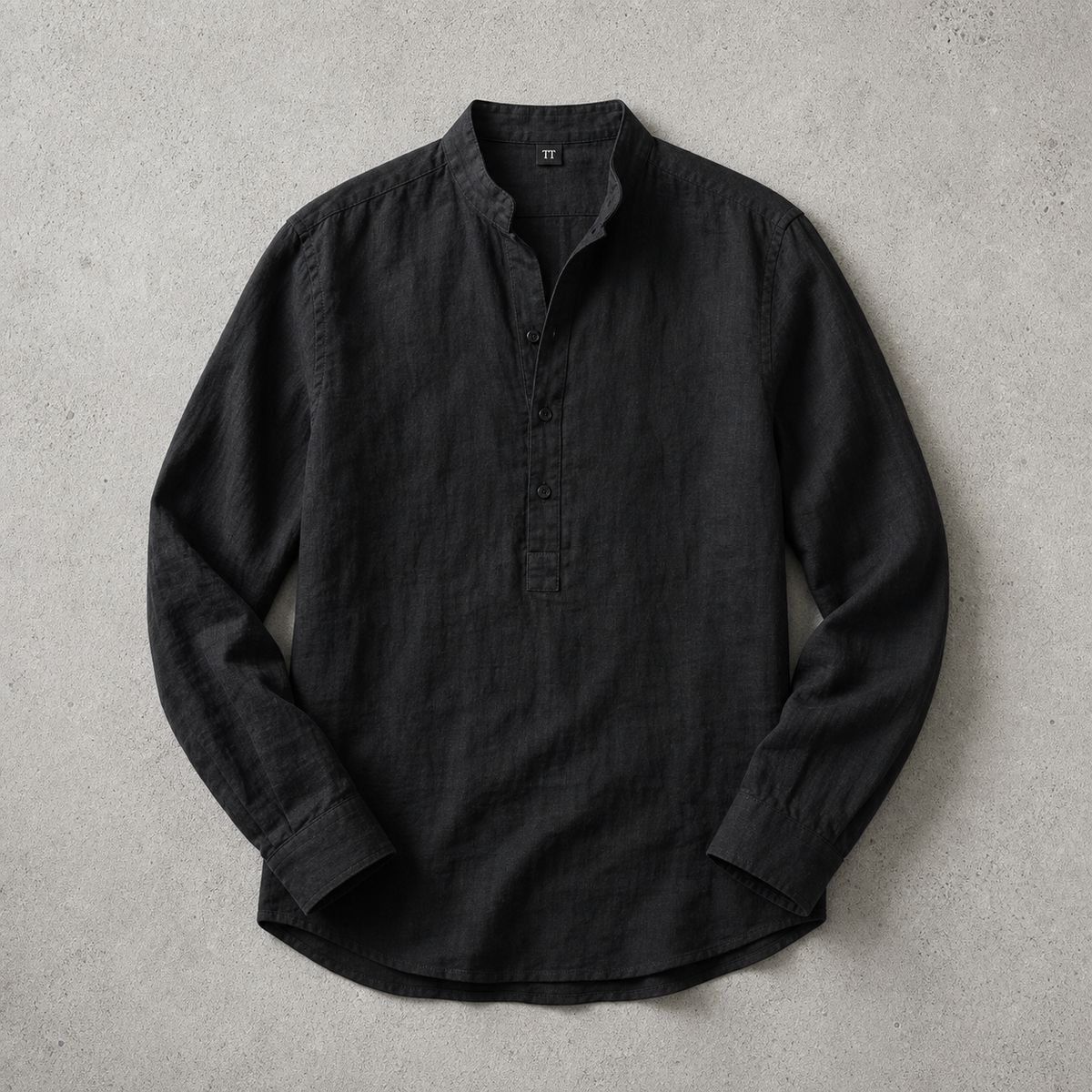 Men's Linen-Look Mandarin Collar Long Sleeve Shirt