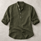 Men's Linen-Look Mandarin Collar Long Sleeve Shirt