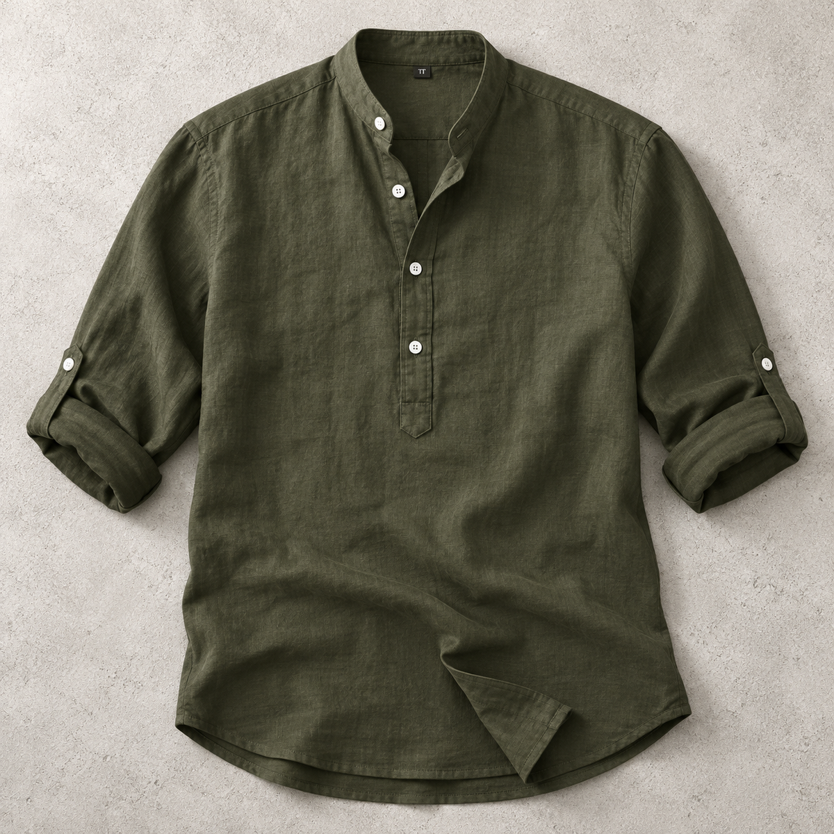 Men's Linen-Look Mandarin Collar Long Sleeve Shirt