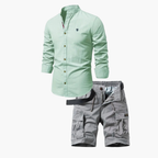 Men's Mandarin Collar Shirt and Cargo Shorts Set