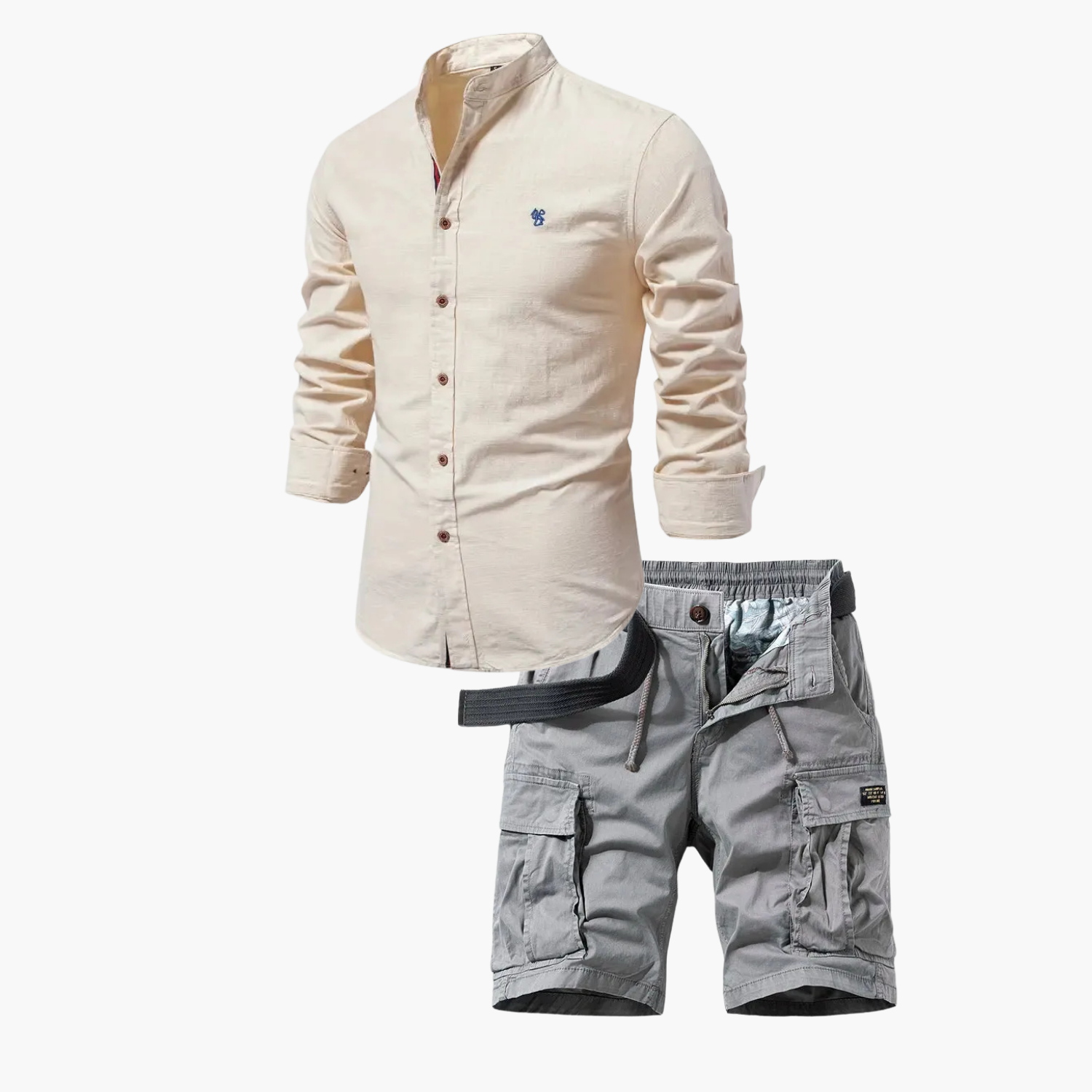 Men's Mandarin Collar Shirt and Cargo Shorts Set