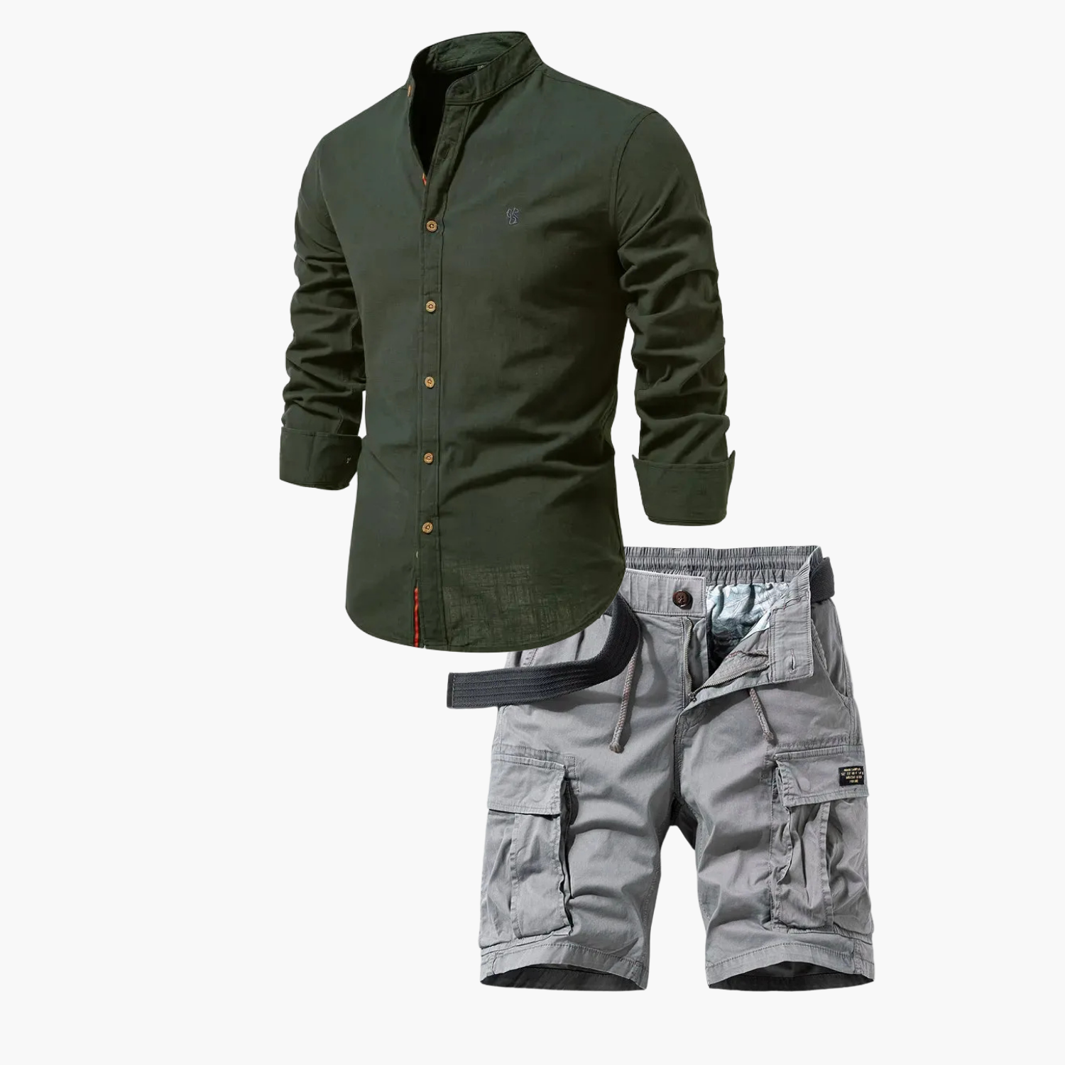 Men's Mandarin Collar Shirt and Cargo Shorts Set