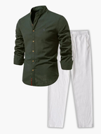 Men's Mandarin Collar Shirt and Drawstring Pants Set