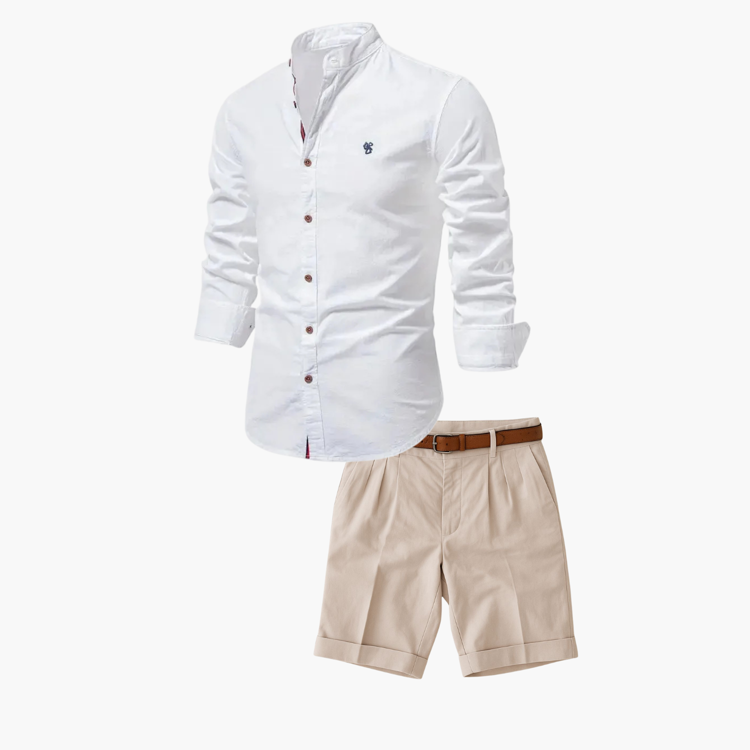 Men's Mandarin Collar Shirt and Pleated Shorts Set