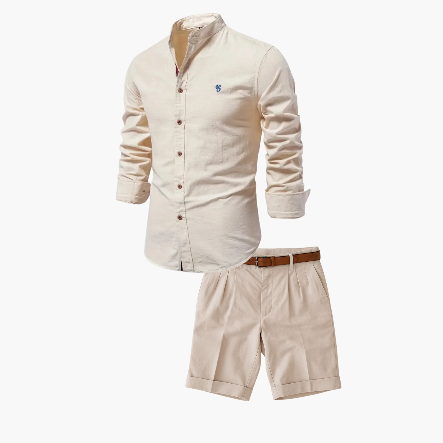 Men's Mandarin Collar Shirt and Pleated Shorts Set