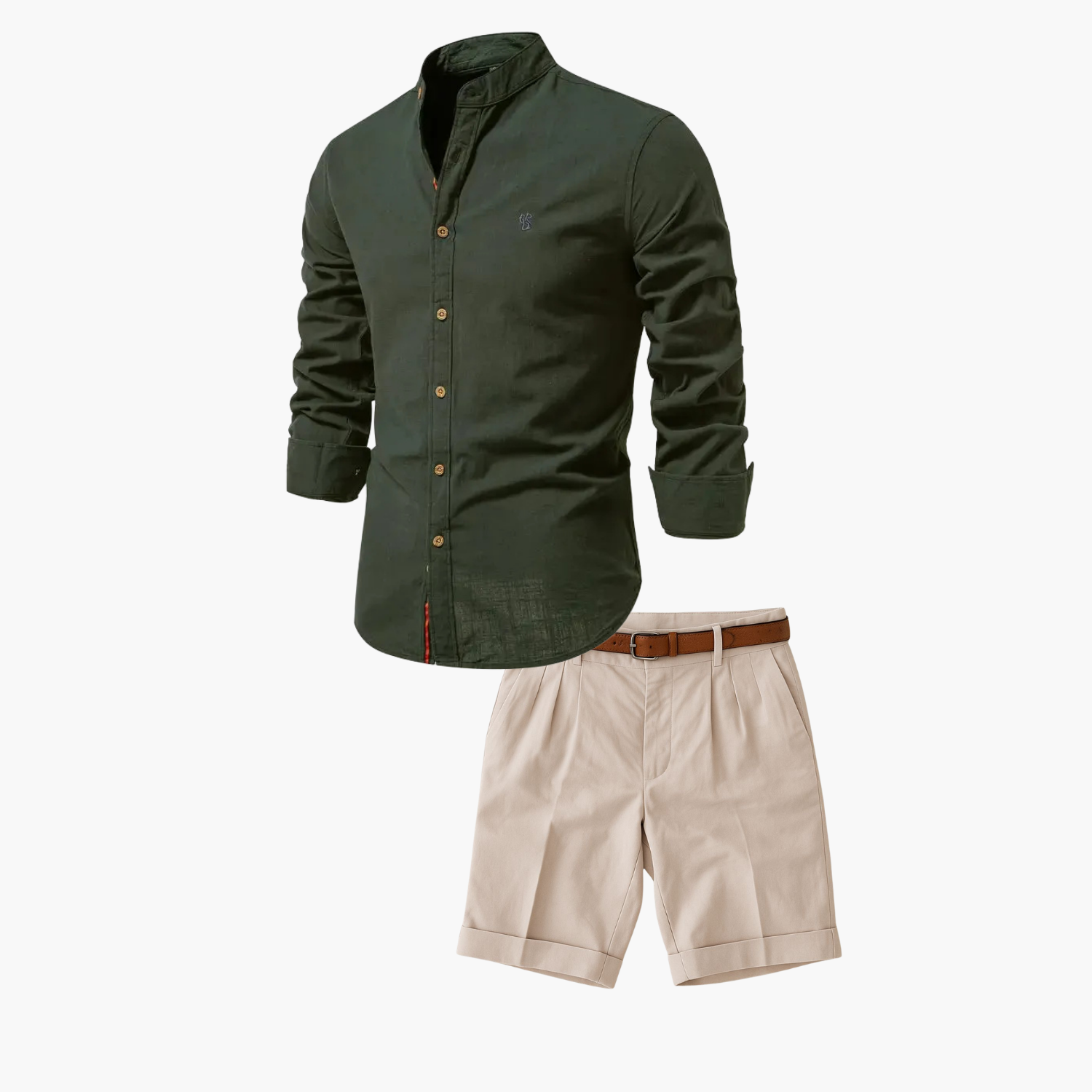 Men's Mandarin Collar Shirt and Pleated Shorts Set