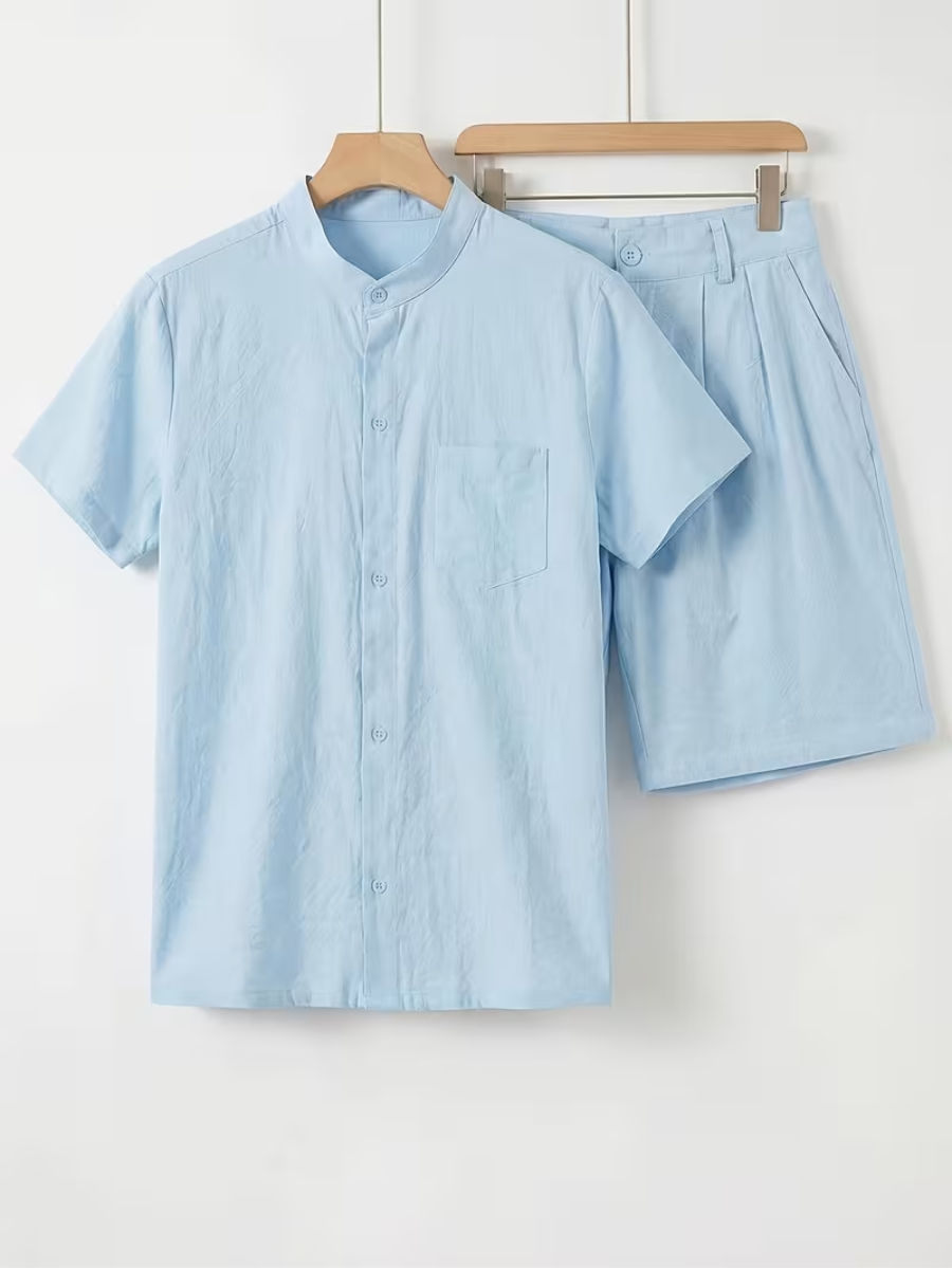 Men's Mandarin Collar Shirt and Shorts Set