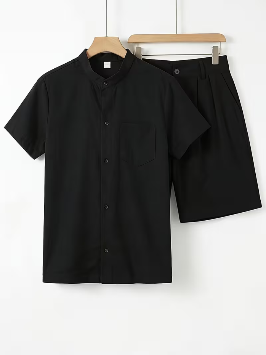 Men's Mandarin Collar Shirt and Shorts Set