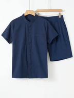 Men's Mandarin Collar Shirt and Shorts Set