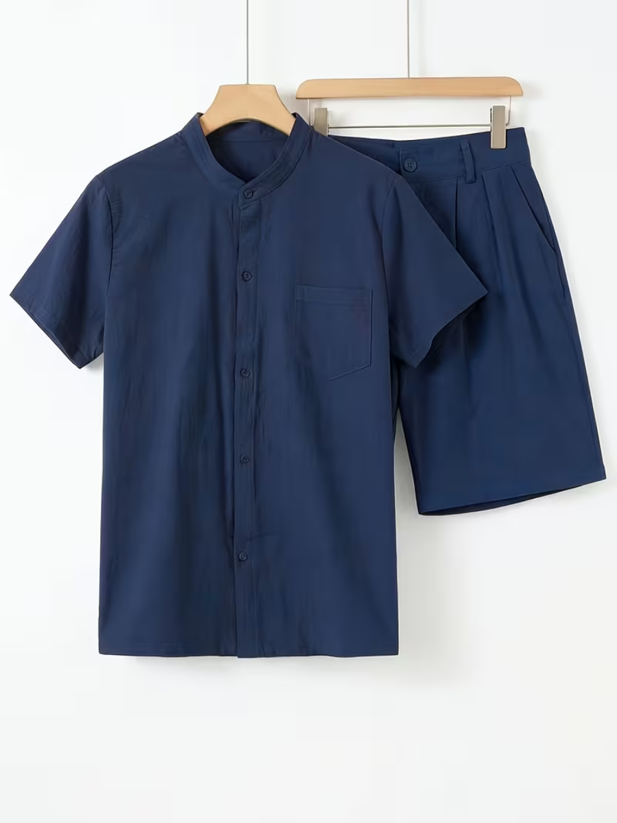 Men's Mandarin Collar Shirt and Shorts Set