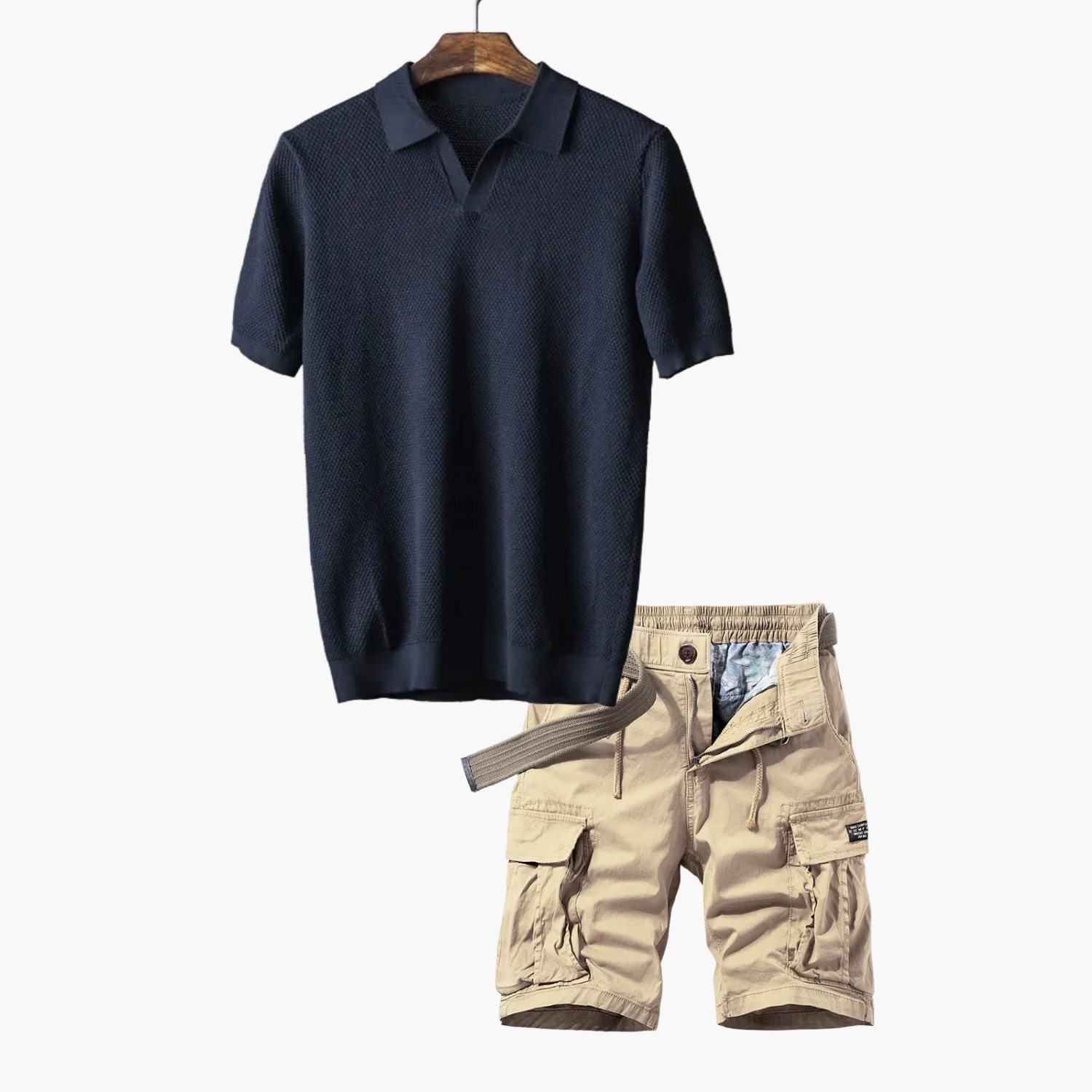 Men's Open Collar Polo and Cargo Shorts Set