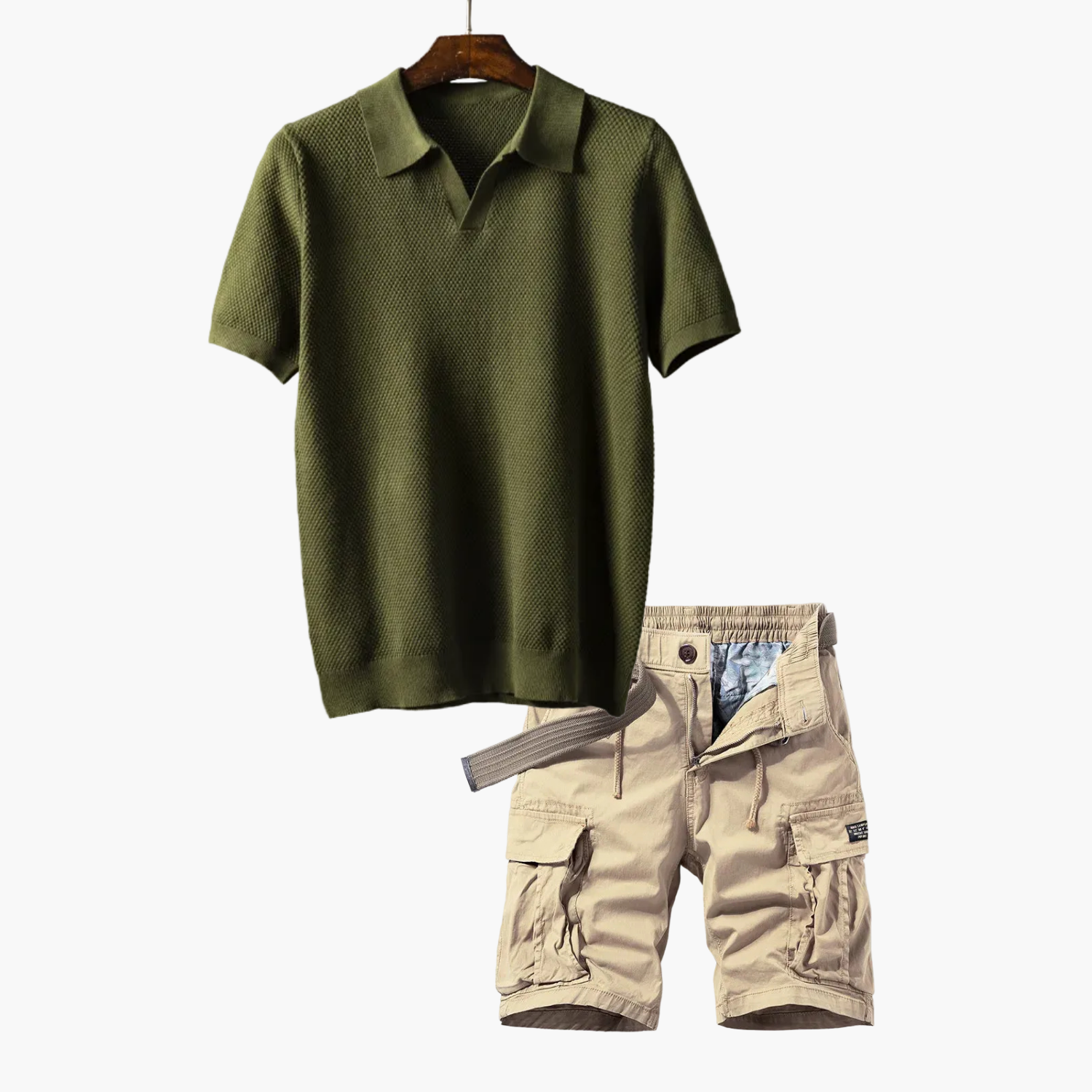 Men's Open Collar Polo and Cargo Shorts Set