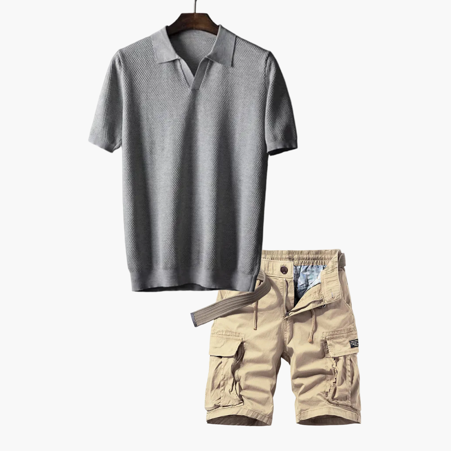 Men's Open Collar Polo and Cargo Shorts Set