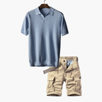 Men's Open Collar Polo and Cargo Shorts Set