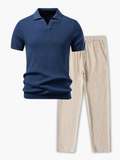 Men's Open Collar Polo and Drawstring Pants Set