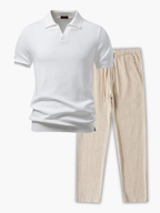 Men's Open Collar Polo and Drawstring Pants Set