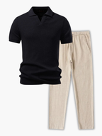 Men's Open Collar Polo and Drawstring Pants Set