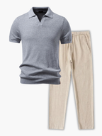 Men's Open Collar Polo and Drawstring Pants Set