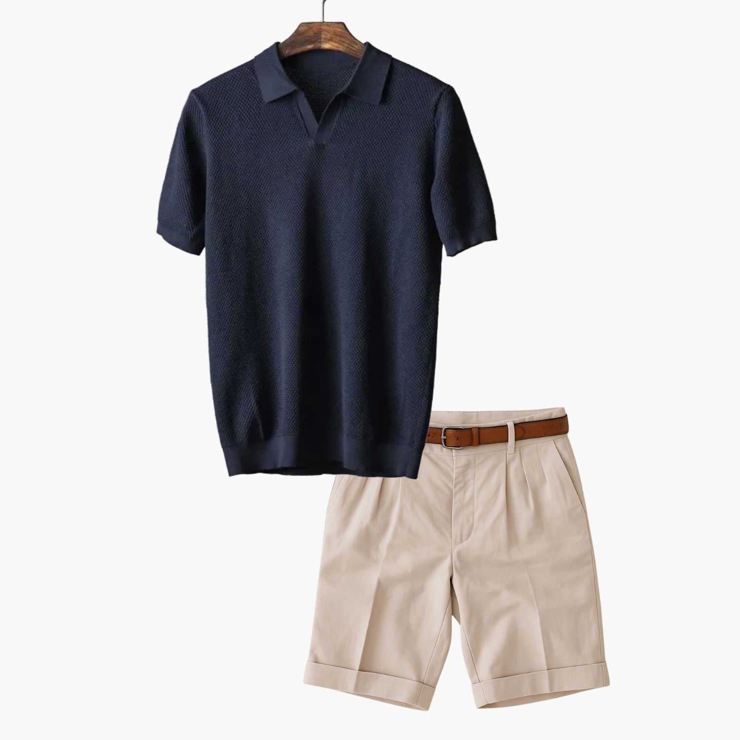 Men's Open Collar Polo and Pleated Shorts Set