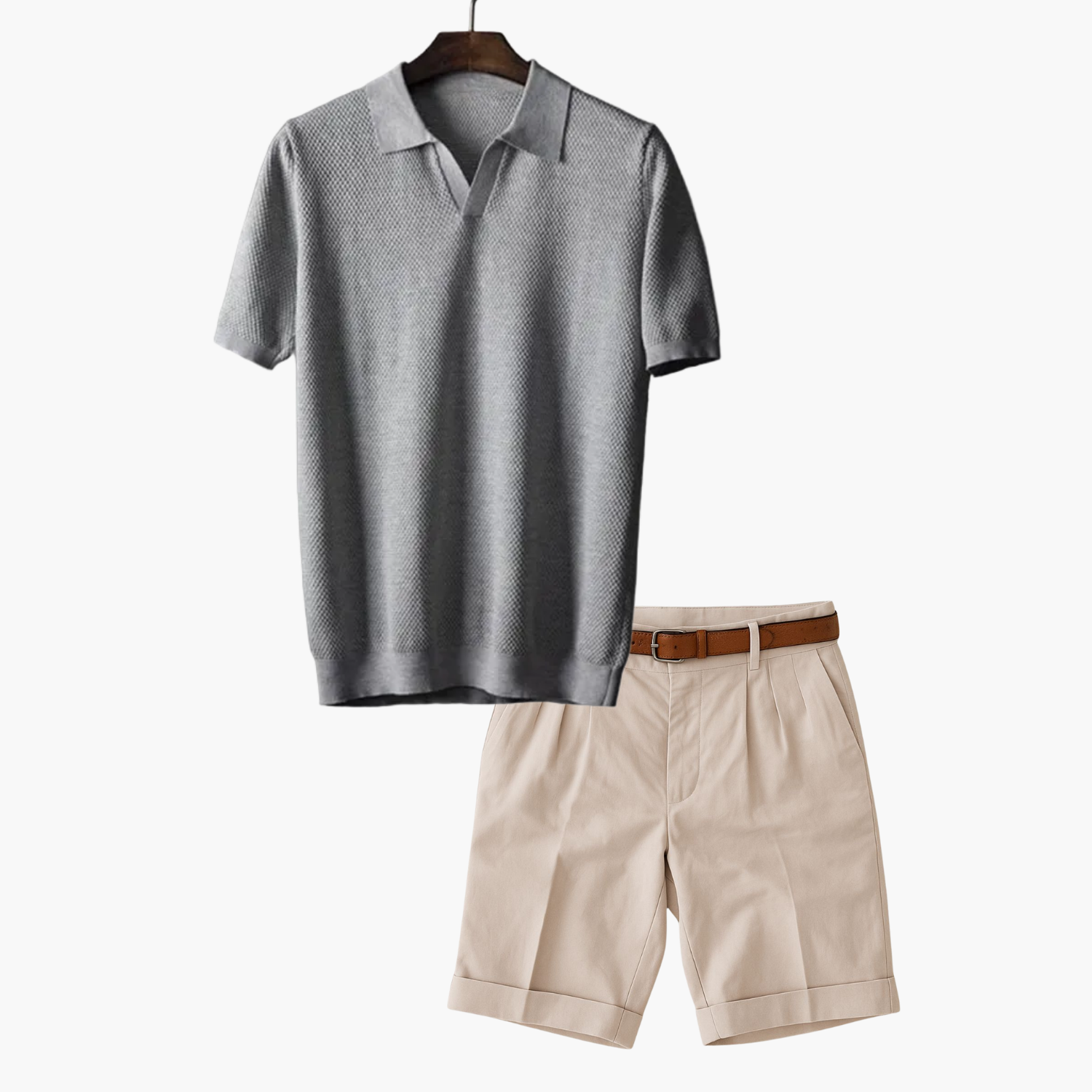 Men's Open Collar Polo and Pleated Shorts Set