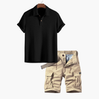 Men's Open Collar Polo Shirt and Cargo Shorts Set