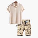 Men's Open Collar Polo Shirt and Cargo Shorts Set