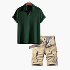 Men's Open Collar Polo Shirt and Cargo Shorts Set