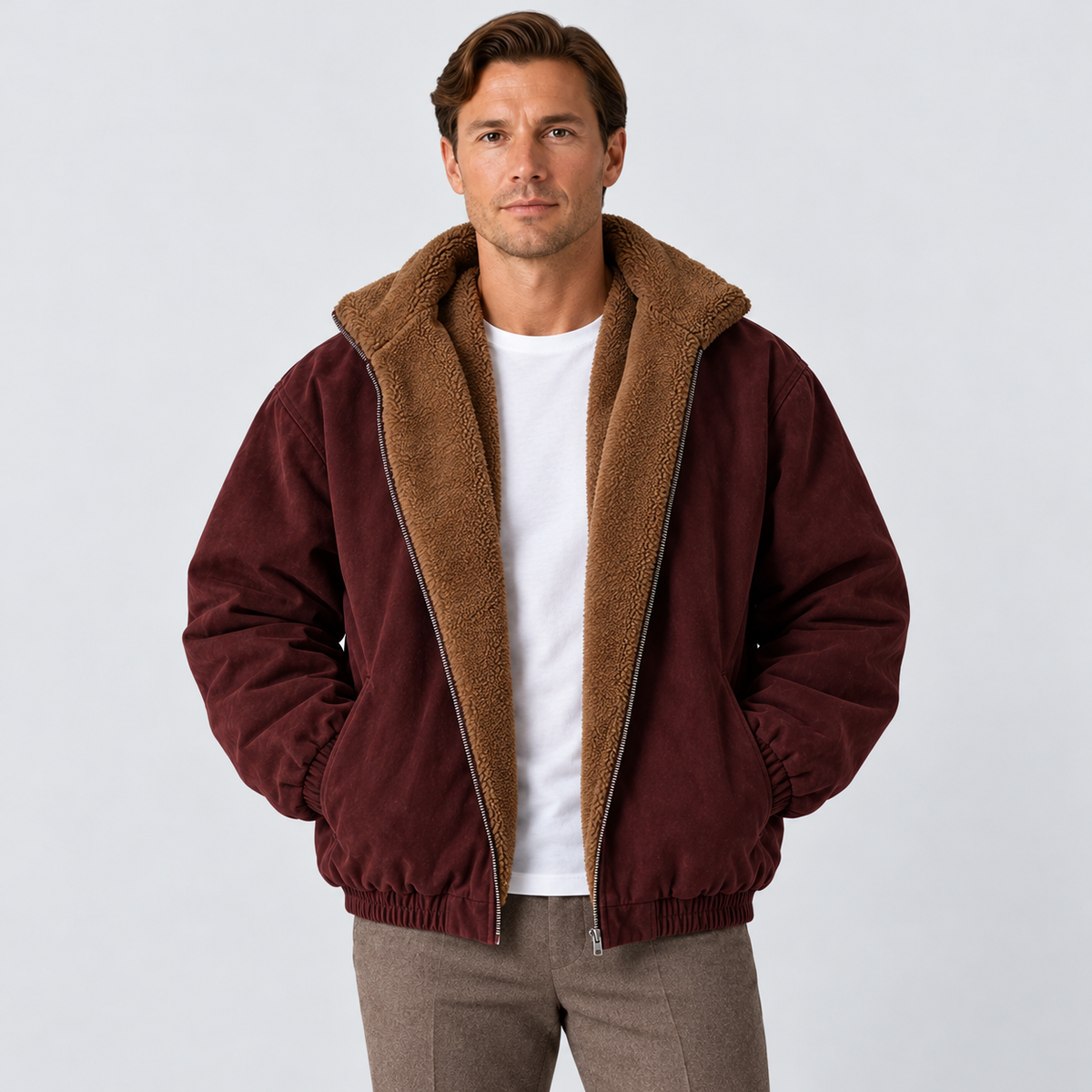 Men's Relaxed Fit Faux Shearling Lined Bomber Jacket