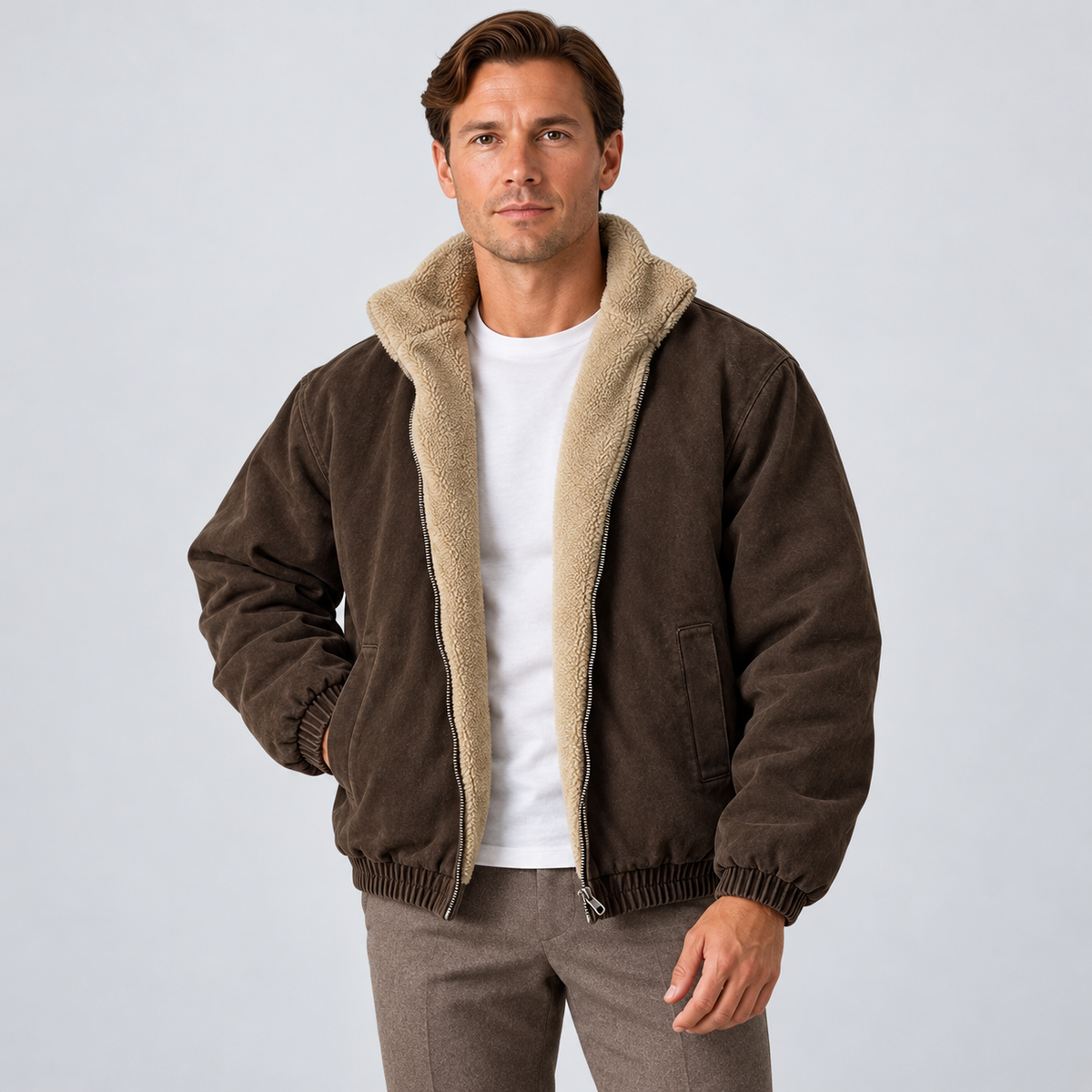 Men's Relaxed Fit Faux Shearling Lined Bomber Jacket