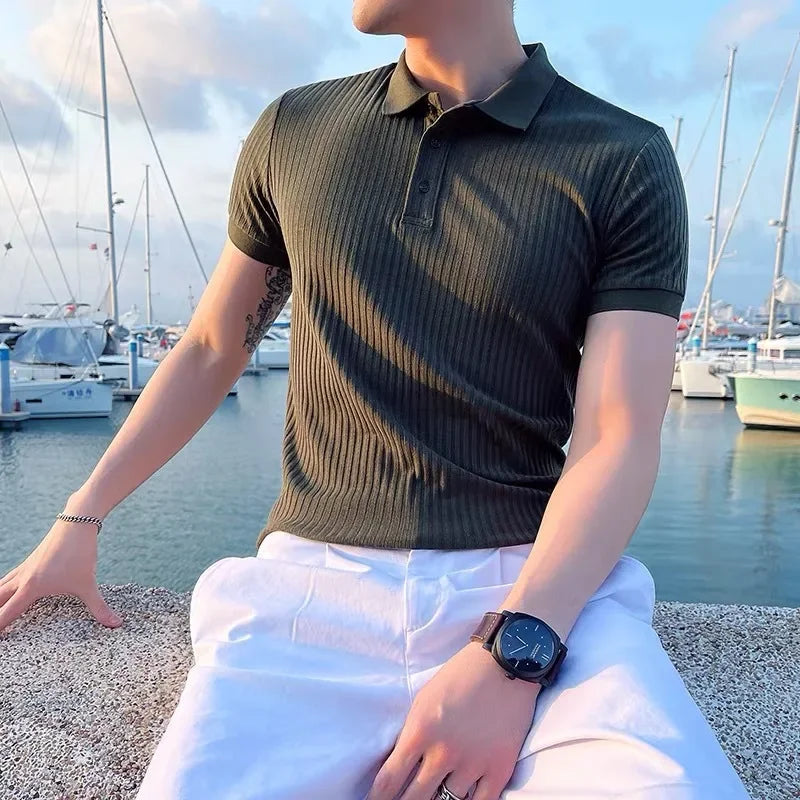Men's Ribbed Button Placket Polo Shirt