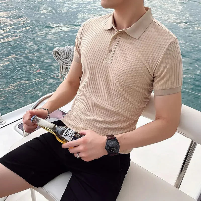 Men's Ribbed Button Placket Polo Shirt