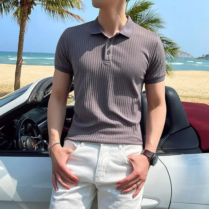 Men's Ribbed Button Placket Polo Shirt