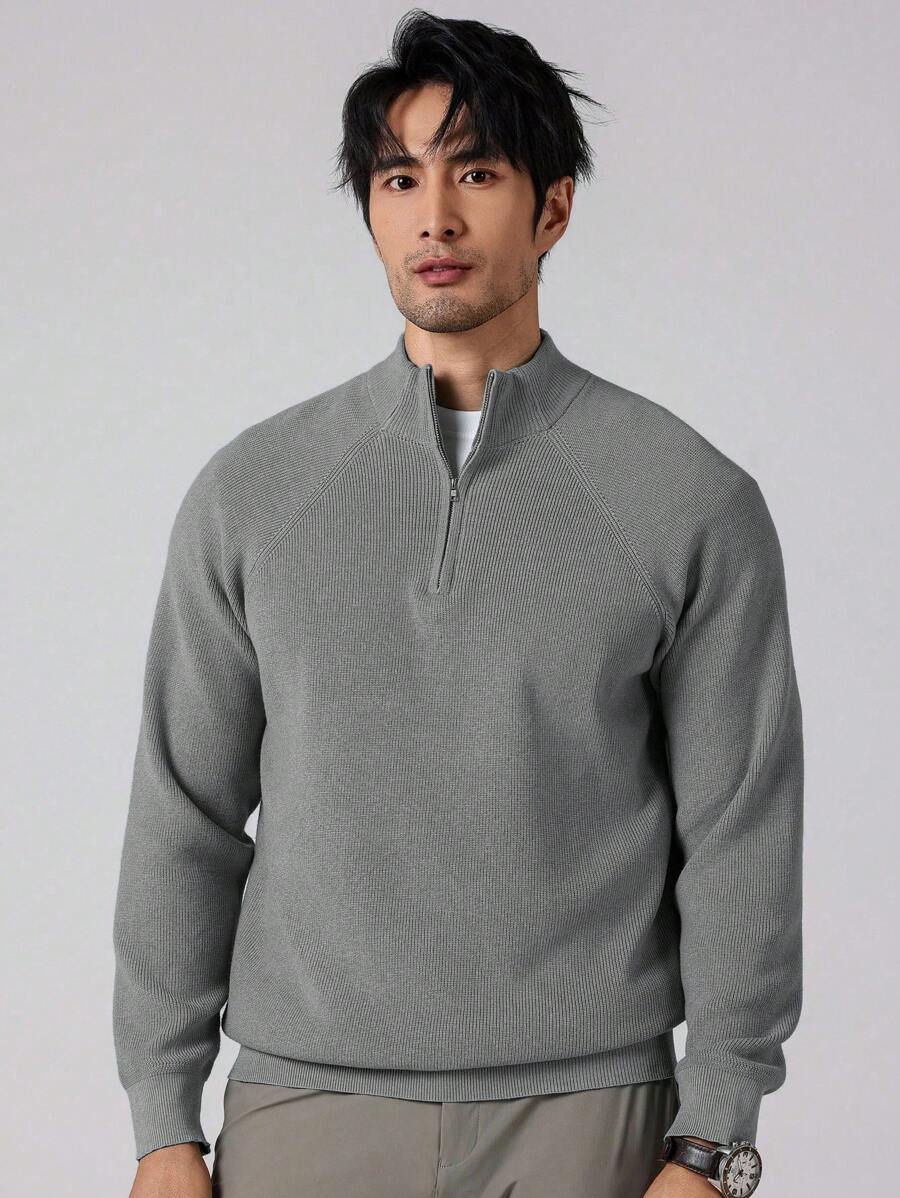 Men's Ribbed Knit Mock Neck Quarter-Zip Sweater