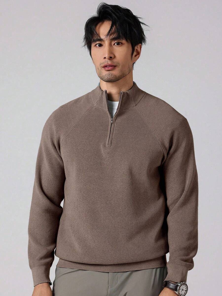 Men's Ribbed Knit Mock Neck Quarter-Zip Sweater