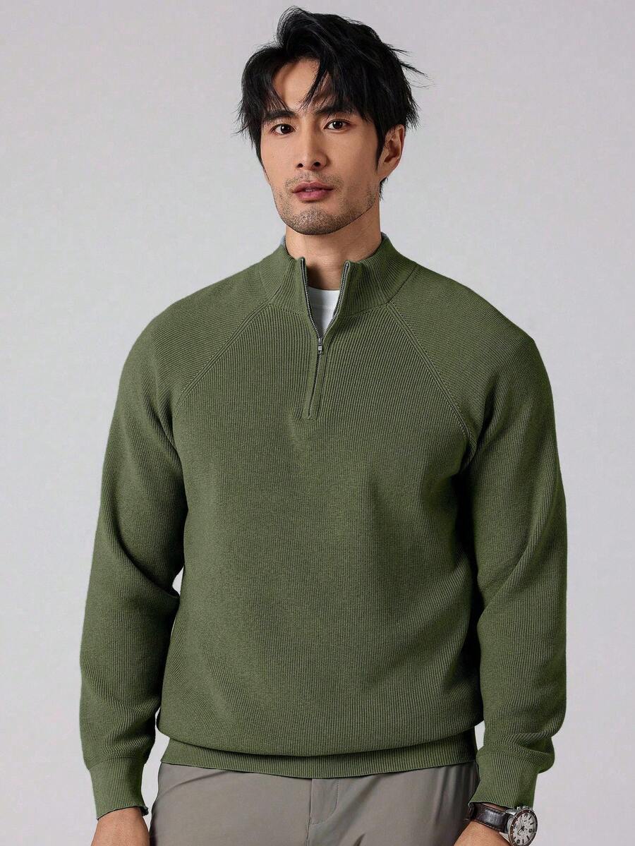 Men's Ribbed Knit Mock Neck Quarter-Zip Sweater