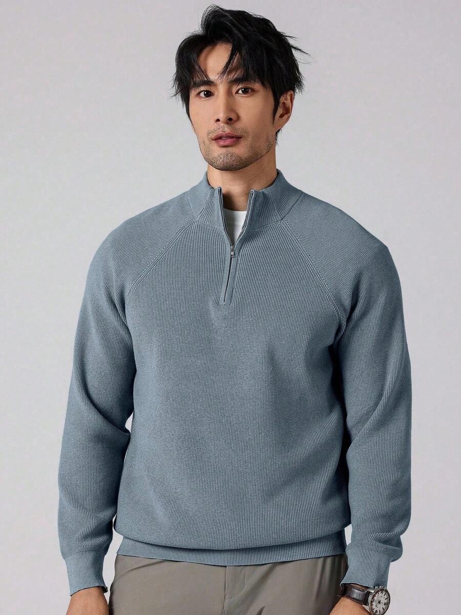 Men's Ribbed Knit Mock Neck Quarter-Zip Sweater