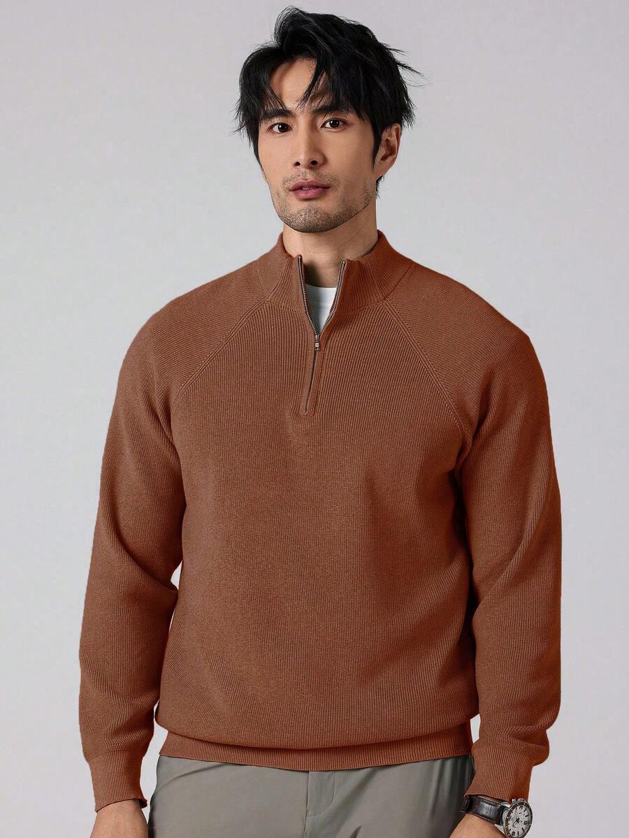 Men's Ribbed Knit Mock Neck Quarter-Zip Sweater