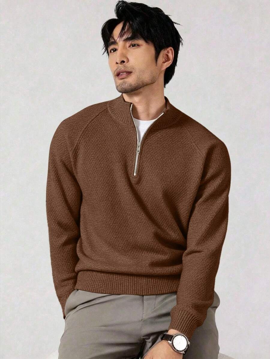 Men's Ribbed Knit Mock Neck Quarter-Zip Sweater