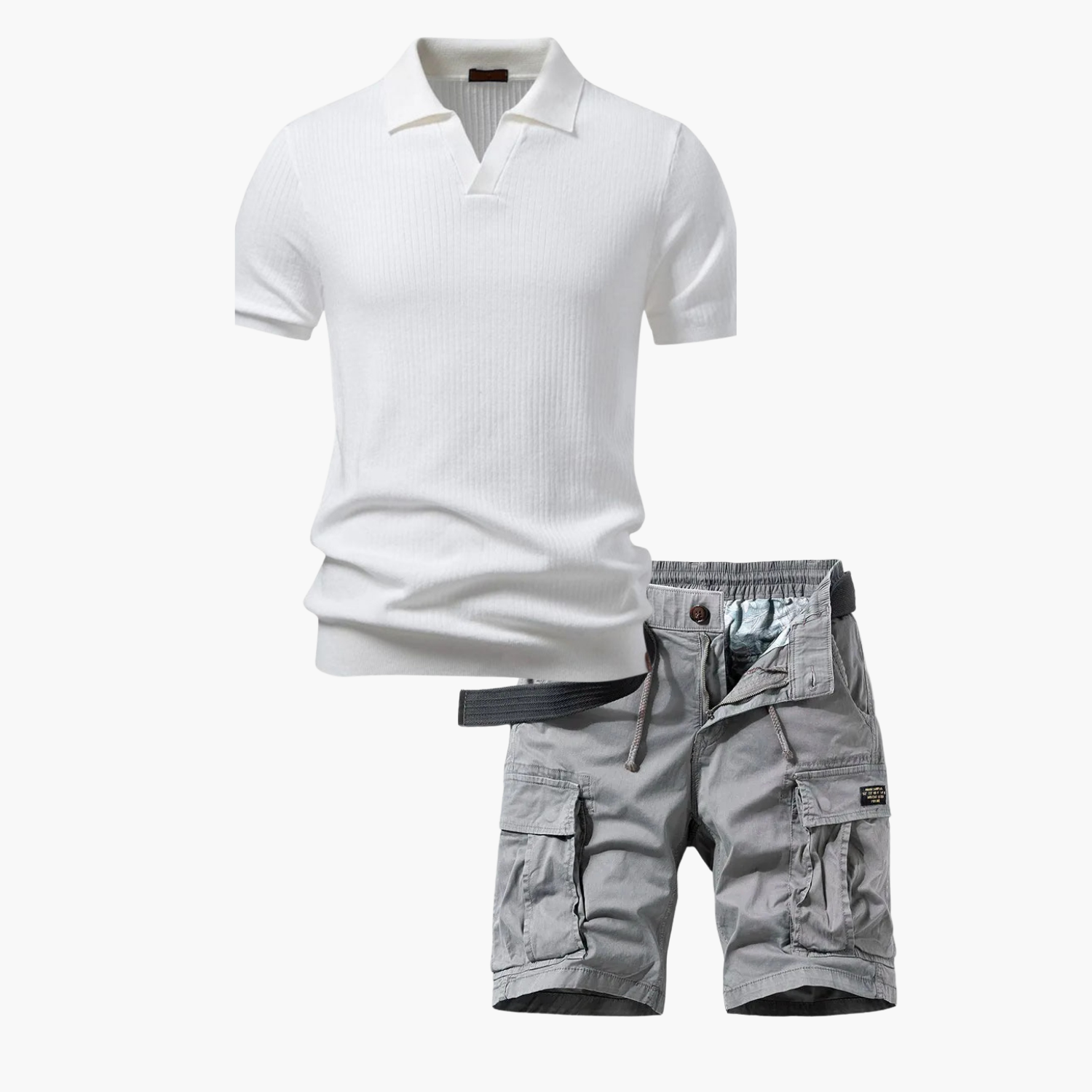 Men's Ribbed Polo and Cargo Shorts Set