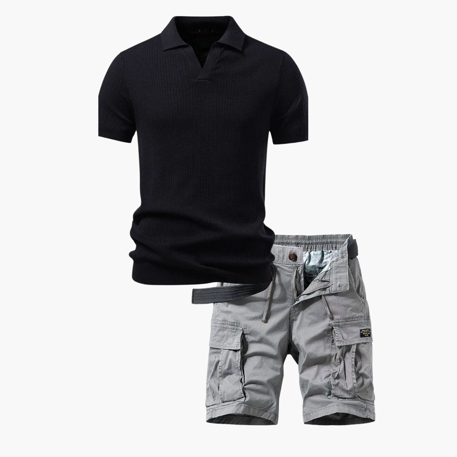 Men's Ribbed Polo and Cargo Shorts Set