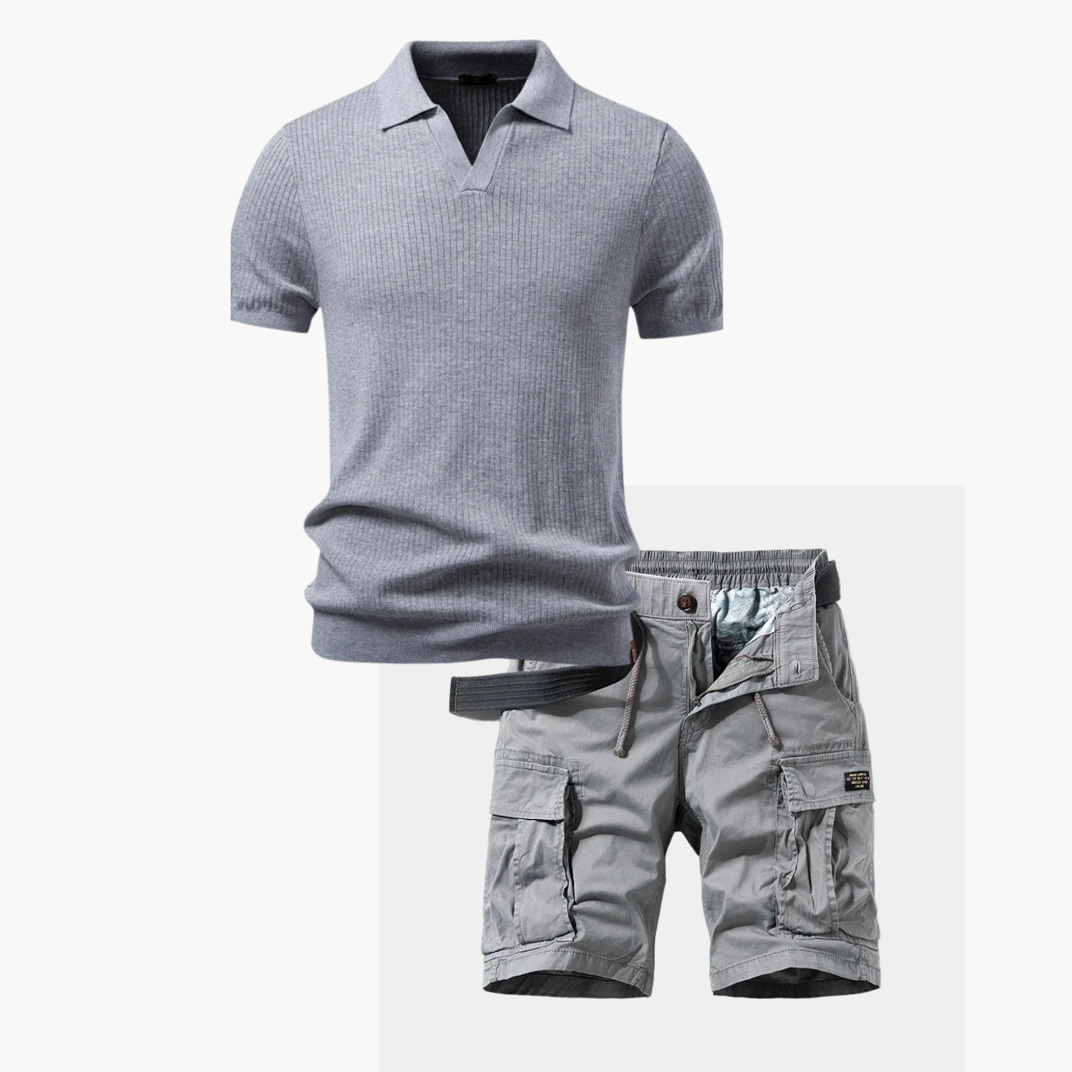 Men's Ribbed Polo and Cargo Shorts Set