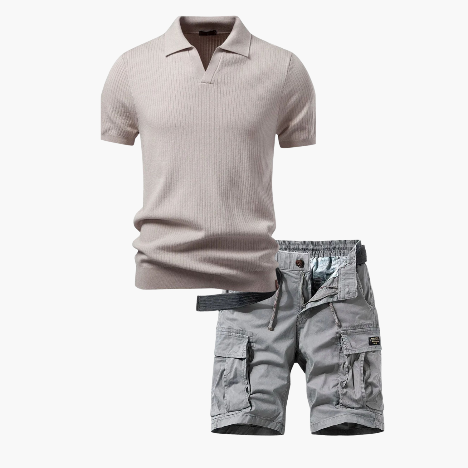 Men's Ribbed Polo and Cargo Shorts Set