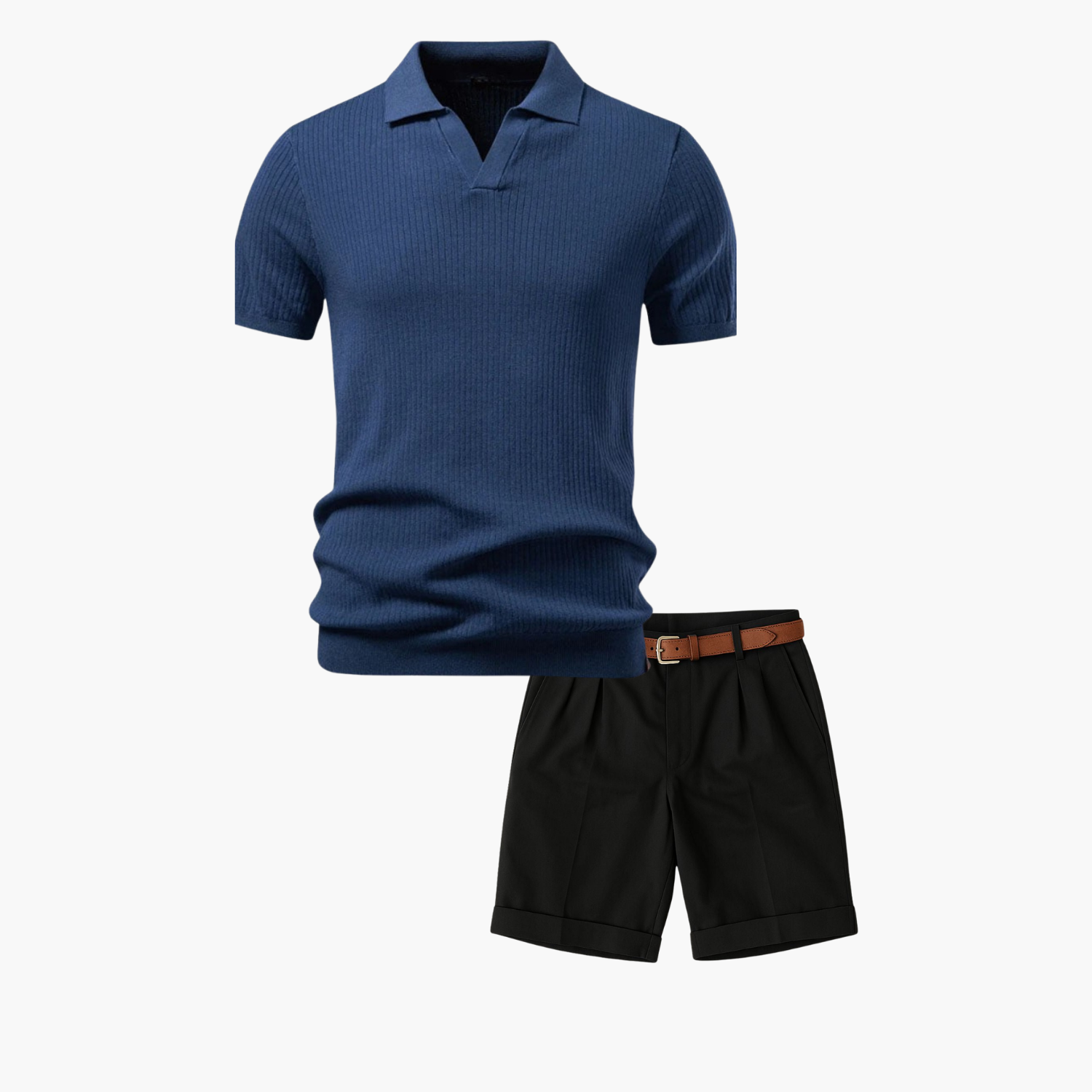 Men's Ribbed Polo and Flat Front Shorts Set