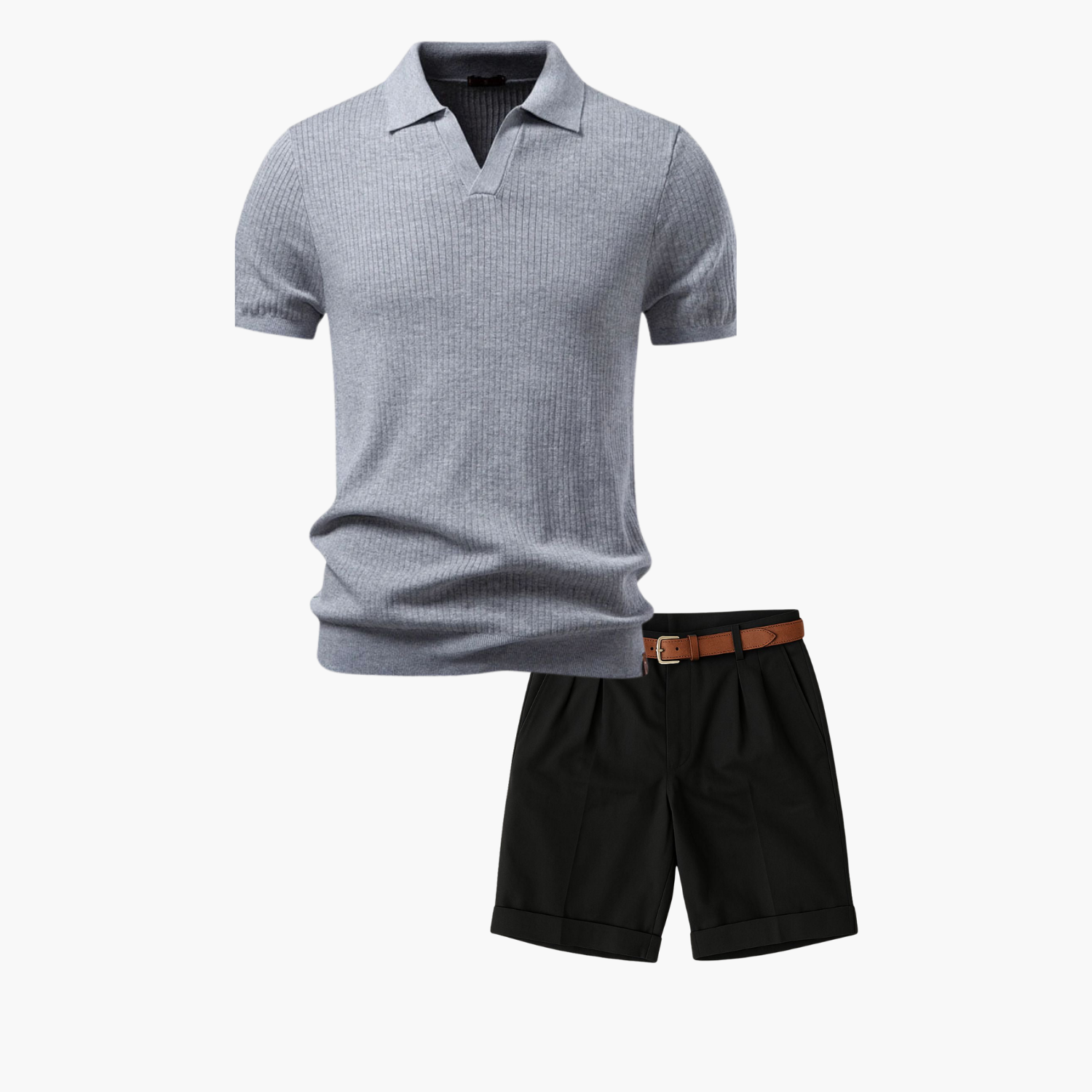 Men's Ribbed Polo and Flat Front Shorts Set