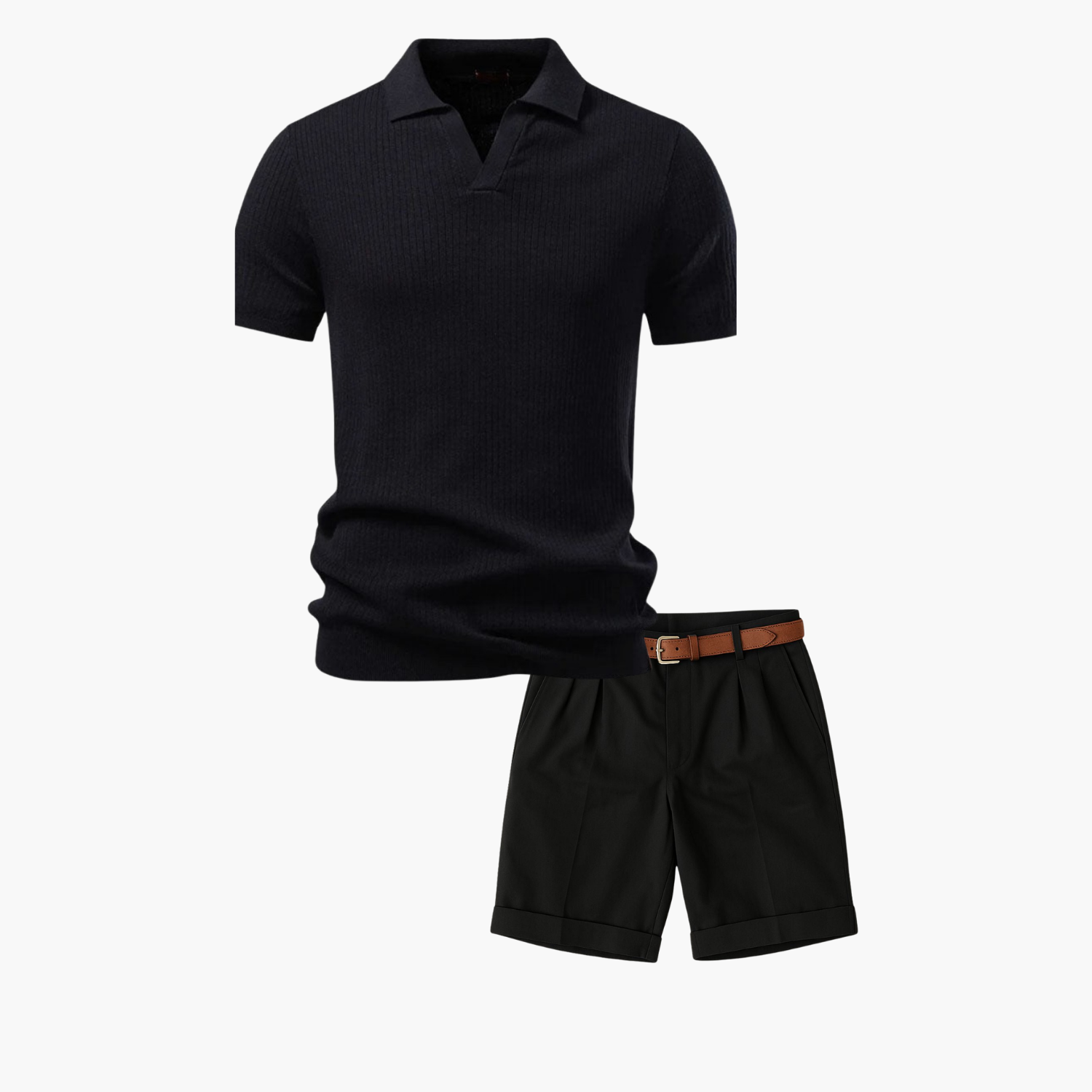 Men's Ribbed Polo and Flat Front Shorts Set