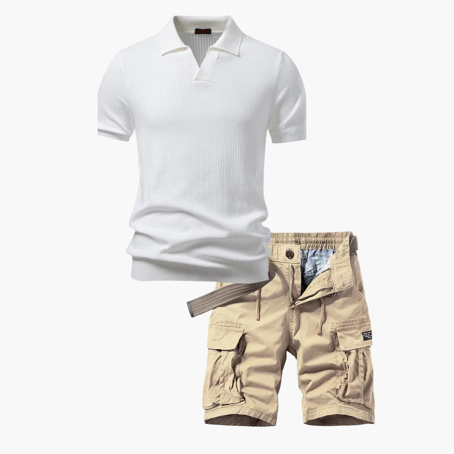 Men's Ribbed Polo Shirt and Cargo Shorts Set