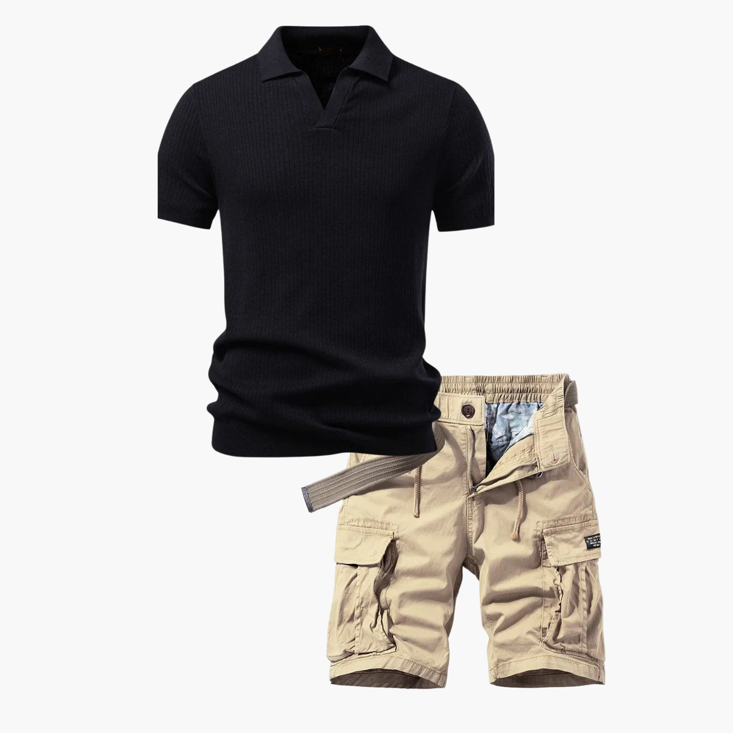 Men's Ribbed Polo Shirt and Cargo Shorts Set