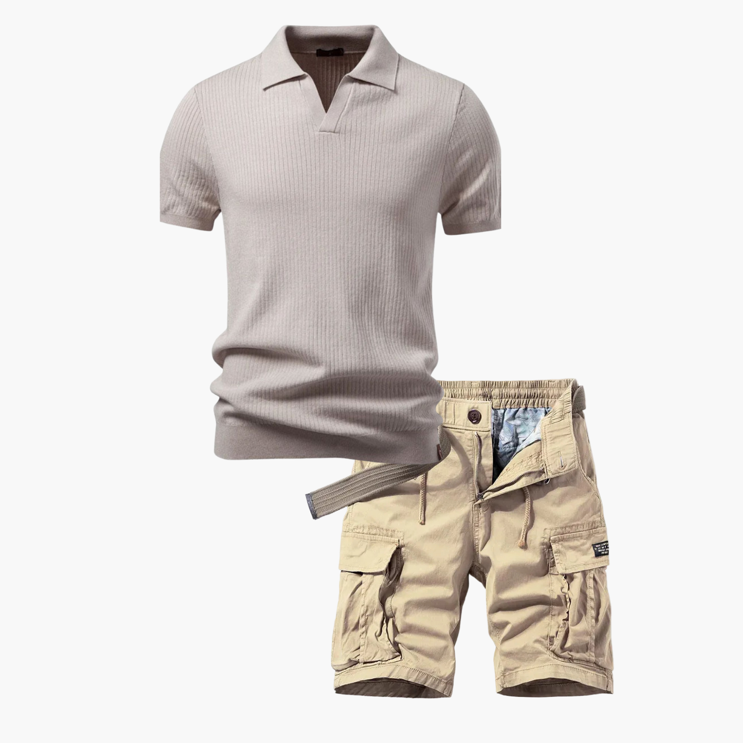 Men's Ribbed Polo Shirt and Cargo Shorts Set
