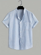 Men's Striped Band Collar Shirt